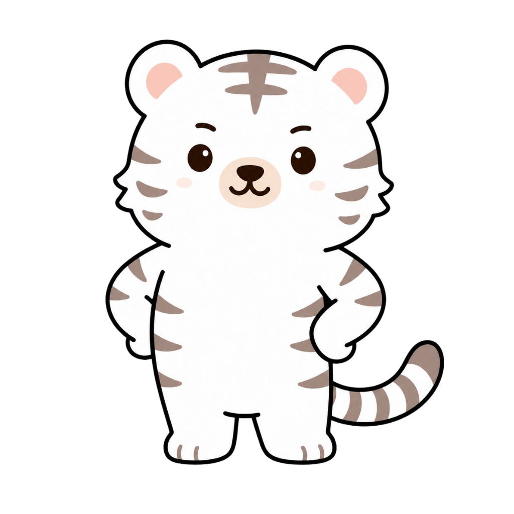 Bommi, a proud little white tiger standing with paws on hips