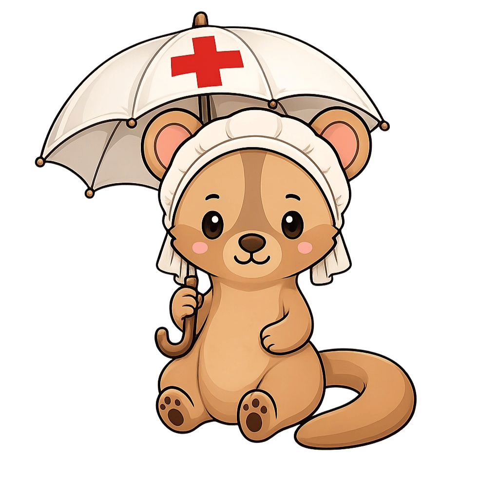 Fosia, a gentle little quokka in a nurse's cap holding a first-aid umbrella