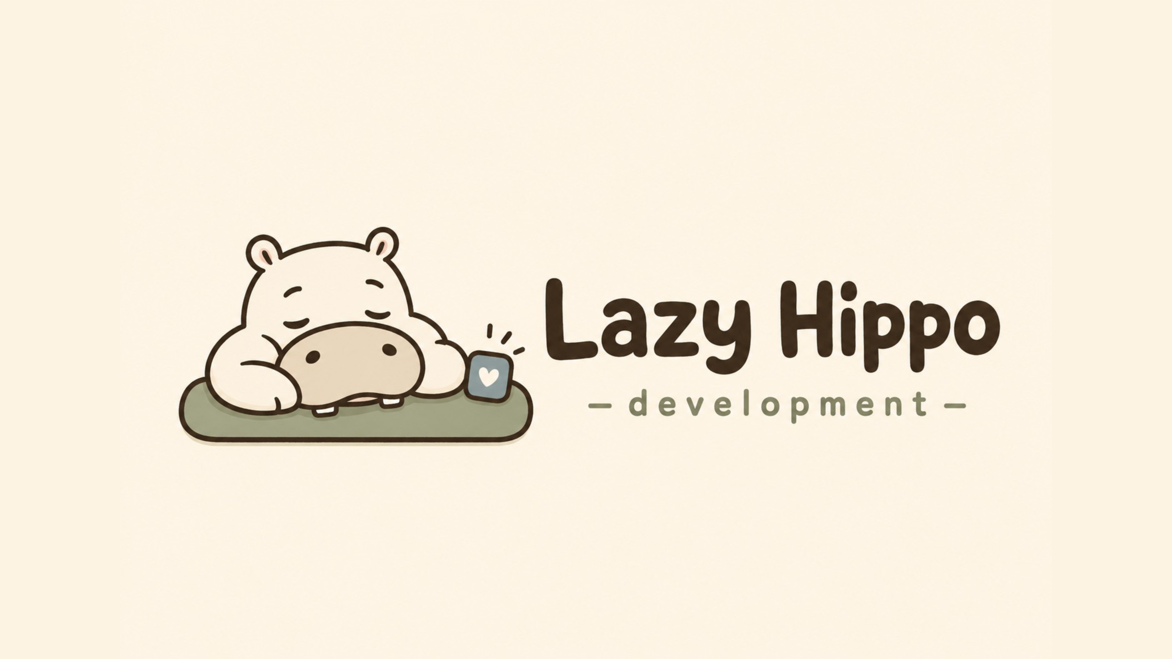 A sleepy cartoon hippo resting beside a phone with a heart on screen. The Lazy Hippo Development mascot