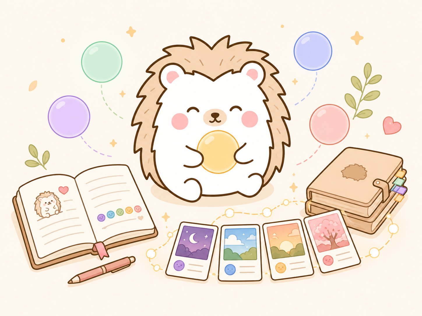 Tochi, a smiling hedgehog holding a glowing mood orb, surrounded by a journal, mood cards and colorful floating orbs